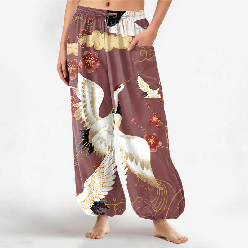 Buddha Stones Pantaloni harem da donna in cotone con elastico in vita e motivo floreale orientale a gru e nuvole, con tasche laterali. - Rosso Indiano - US16, UK/AU20, EU48 (3XL) - image 10