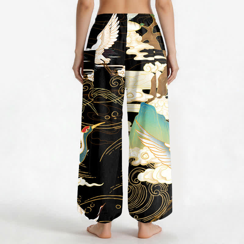 Buddha Stones Pantaloni harem da donna in cotone con motivo a onde orientali e vita elasticizzata, con tasche laterali. - image 2