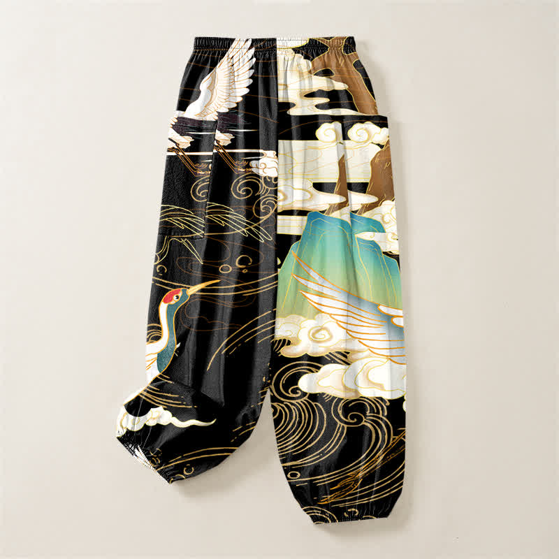 Buddha Stones Pantaloni harem da donna in cotone con motivo a onde orientali e vita elasticizzata, con tasche laterali. - image 4