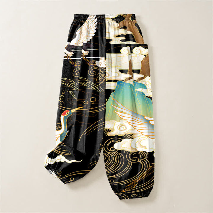 Buddha Stones Pantaloni harem da donna in cotone con motivo a onde orientali e vita elasticizzata, con tasche laterali. - image 4