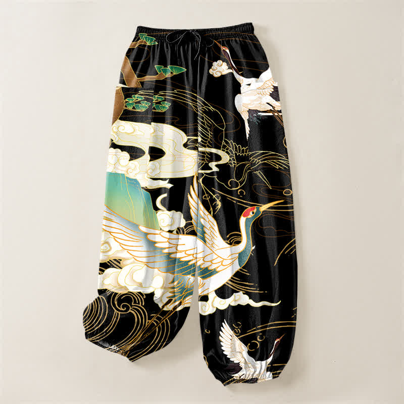 Buddha Stones Pantaloni harem da donna in cotone con motivo a onde orientali e vita elasticizzata, con tasche laterali. - image 3