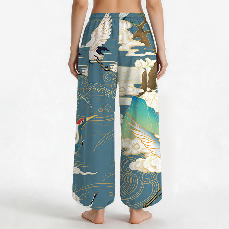 Buddha Stones Pantaloni harem da donna in cotone con motivo a onde orientali e vita elasticizzata, con tasche laterali. - image 9