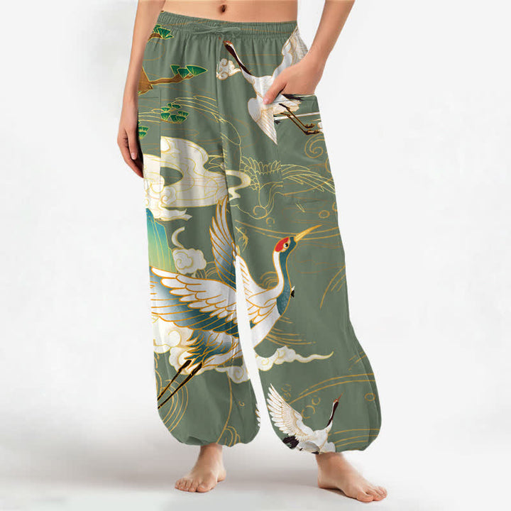 Buddha Stones Pantaloni harem da donna in cotone con motivo a onde orientali e vita elasticizzata, con tasche laterali. - Verde oliva - US16, UK/AU20, EU48 (3XL) - image 10