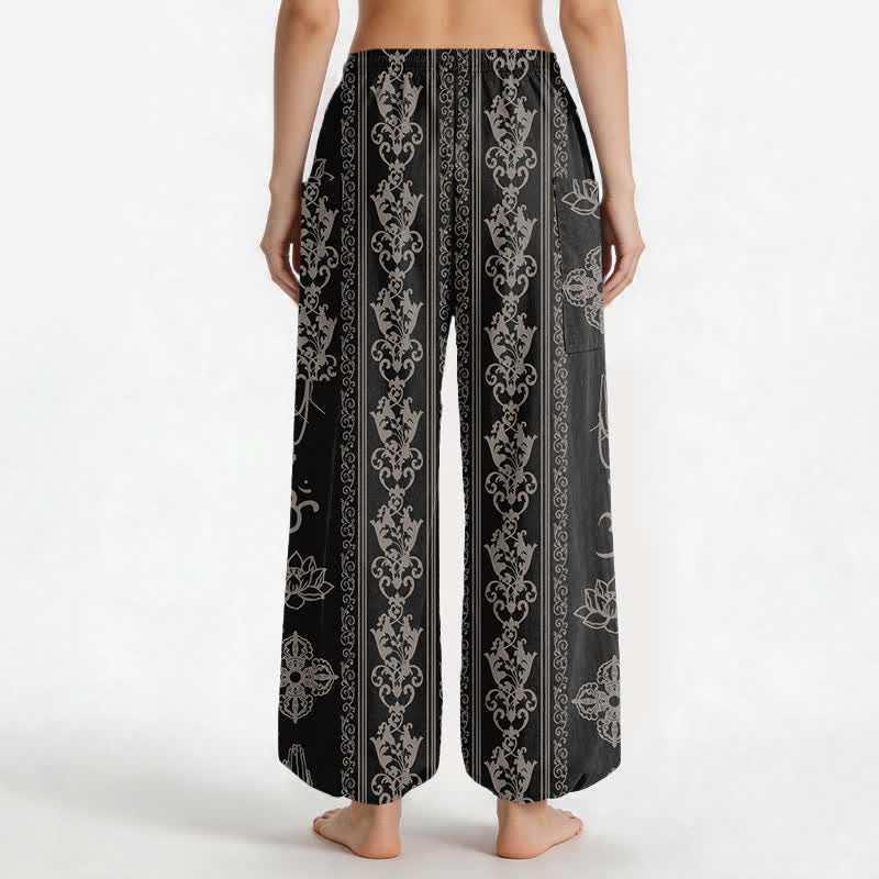 Buddha Stones Pantaloni harem da donna in cotone con elastico in vita e tasche laterali, con motivo a fiori di loto, doppio Dorje Vajra Namaste OM. - image 2