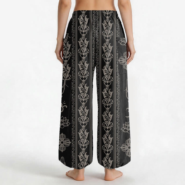 Buddha Stones Pantaloni harem da donna in cotone con elastico in vita e tasche laterali, con motivo a fiori di loto, doppio Dorje Vajra Namaste OM. - image 2