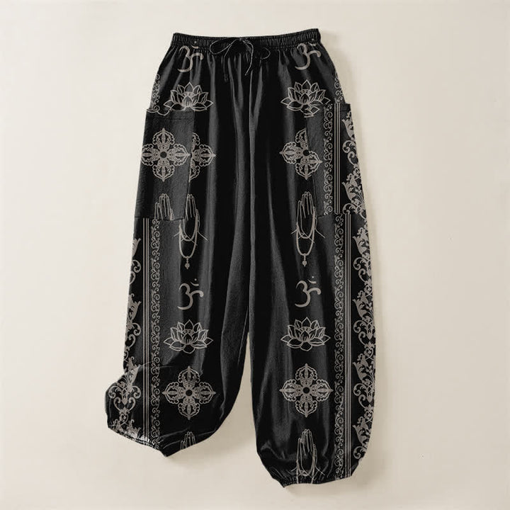 Buddha Stones Pantaloni harem da donna in cotone con elastico in vita e tasche laterali, con motivo a fiori di loto, doppio Dorje Vajra Namaste OM. - image 3
