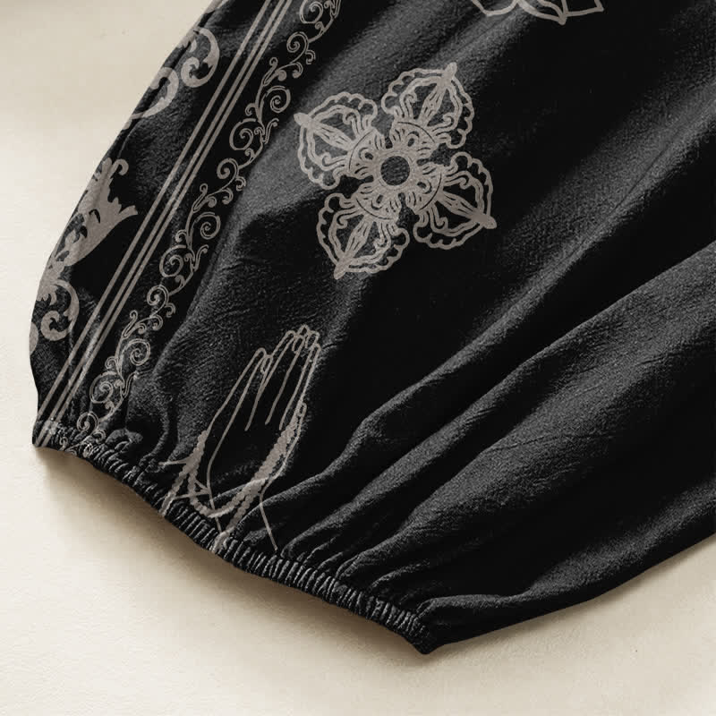 Buddha Stones Pantaloni harem da donna in cotone con elastico in vita e tasche laterali, con motivo a fiori di loto, doppio Dorje Vajra Namaste OM. - image 6