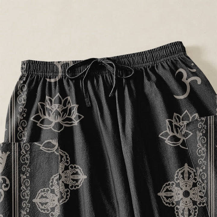 Buddha Stones Pantaloni harem da donna in cotone con elastico in vita e tasche laterali, con motivo a fiori di loto, doppio Dorje Vajra Namaste OM. - image 5