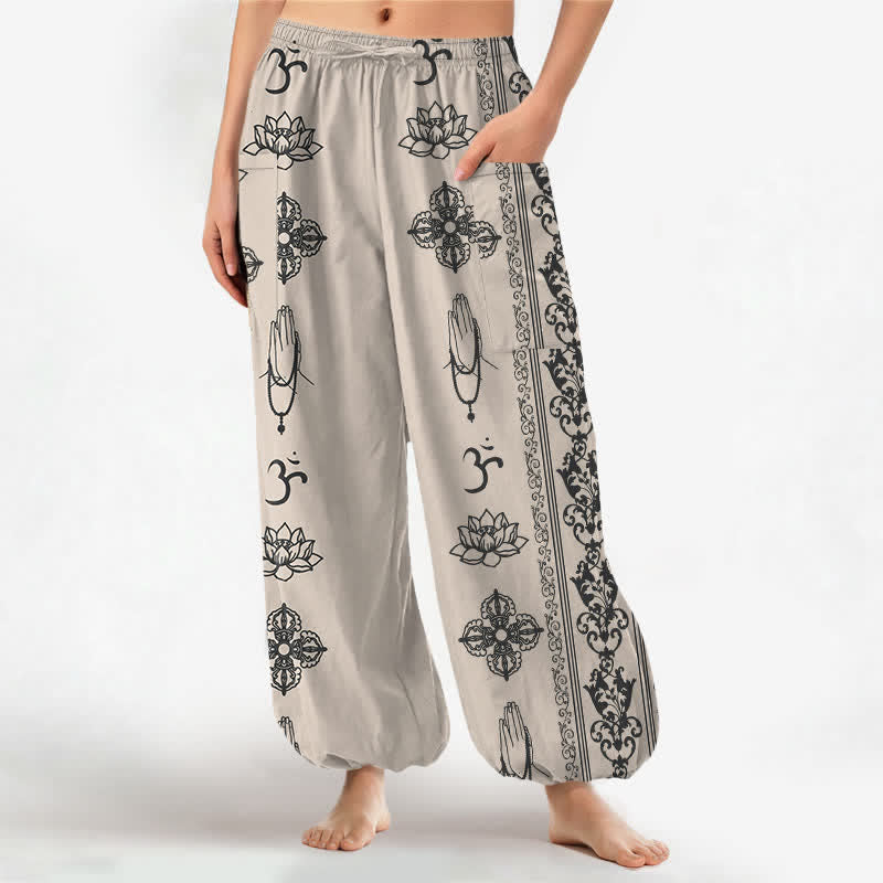 Buddha Stones Pantaloni harem da donna in cotone con elastico in vita e tasche laterali, con motivo a fiori di loto, doppio Dorje Vajra Namaste OM. - Beige - US16, UK/AU20, EU48 (3XL) - image 7