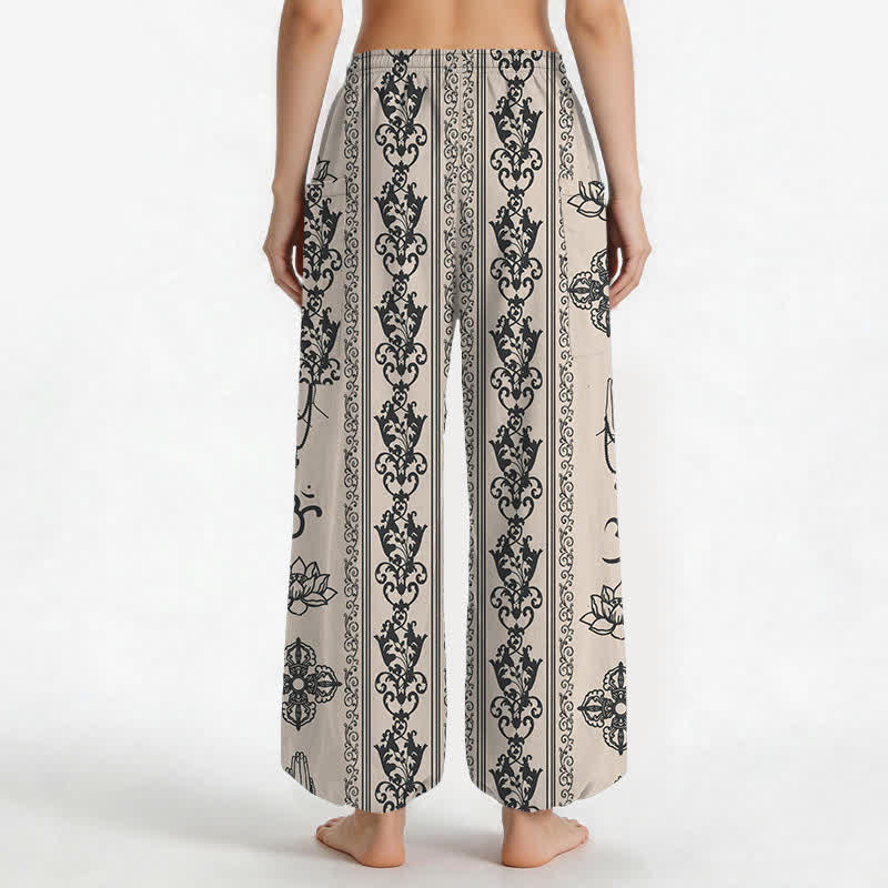 Buddha Stones Pantaloni harem da donna in cotone con elastico in vita e tasche laterali, con motivo a fiori di loto, doppio Dorje Vajra Namaste OM. - image 9