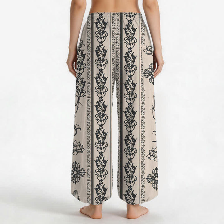 Buddha Stones Pantaloni harem da donna in cotone con elastico in vita e tasche laterali, con motivo a fiori di loto, doppio Dorje Vajra Namaste OM. - image 9