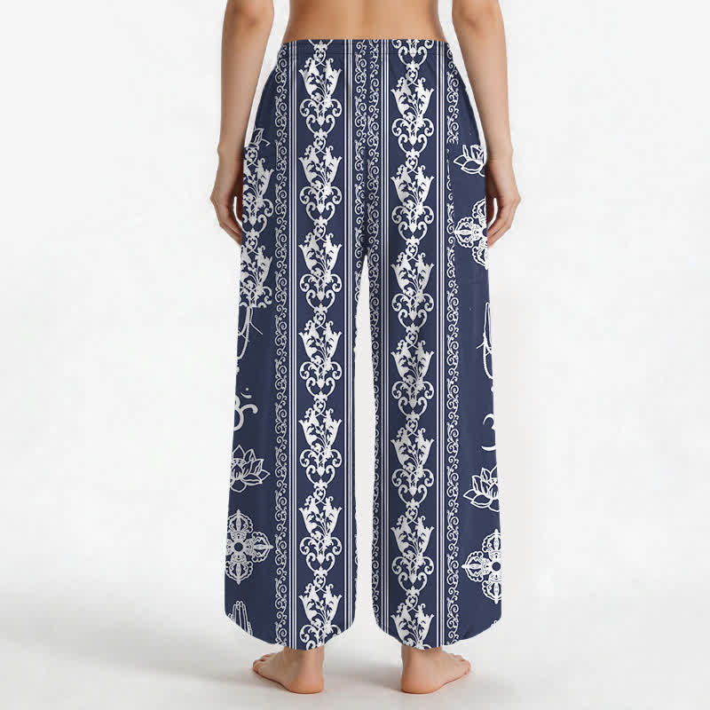 Buddha Stones Pantaloni harem da donna in cotone con elastico in vita e tasche laterali, con motivo a fiori di loto, doppio Dorje Vajra Namaste OM. - image 12