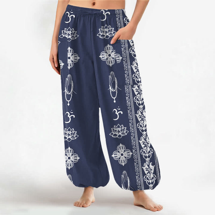 Buddha Stones Pantaloni harem da donna in cotone con elastico in vita e tasche laterali, con motivo a fiori di loto, doppio Dorje Vajra Namaste OM. - SteelBlue - US16, UK/AU20, EU48 (3XL) - image 10