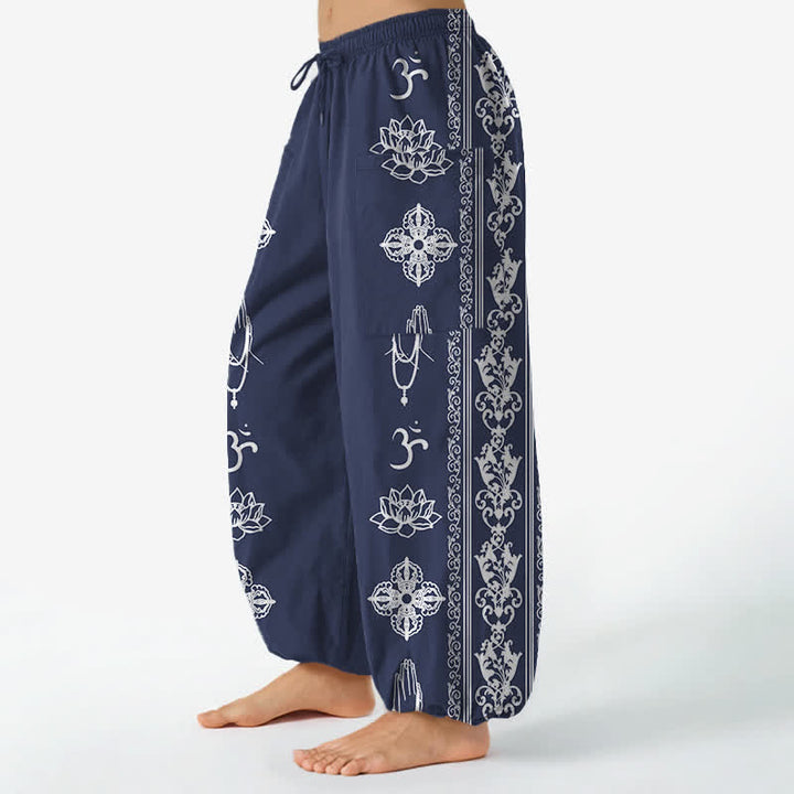 Buddha Stones Pantaloni harem da donna in cotone con elastico in vita e tasche laterali, con motivo a fiori di loto, doppio Dorje Vajra Namaste OM. - image 11
