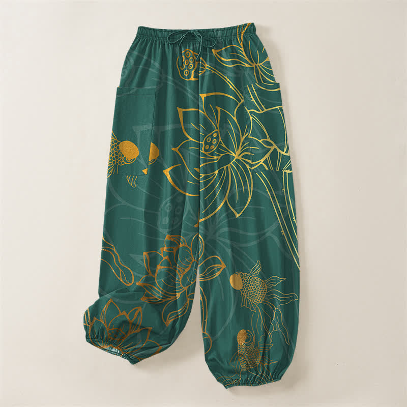 Buddha Stones Pantaloni harem da donna in cotone con elastico in vita e motivo a loto dorato e carpe koi, con tasche laterali. - image 3