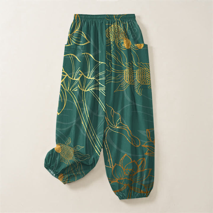 Buddha Stones Pantaloni harem da donna in cotone con elastico in vita e motivo a loto dorato e carpe koi, con tasche laterali. - image 4