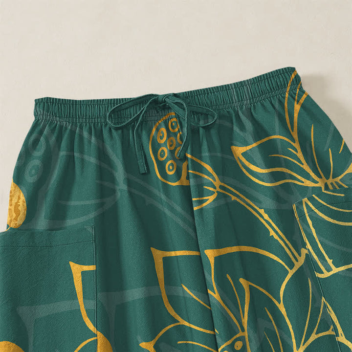 Buddha Stones Pantaloni harem da donna in cotone con elastico in vita e motivo a loto dorato e carpe koi, con tasche laterali. - image 5