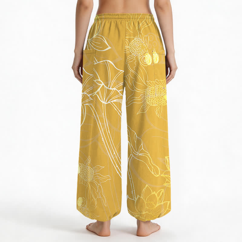 Buddha Stones Pantaloni harem da donna in cotone con elastico in vita e motivo a loto dorato e carpe koi, con tasche laterali. - image 12