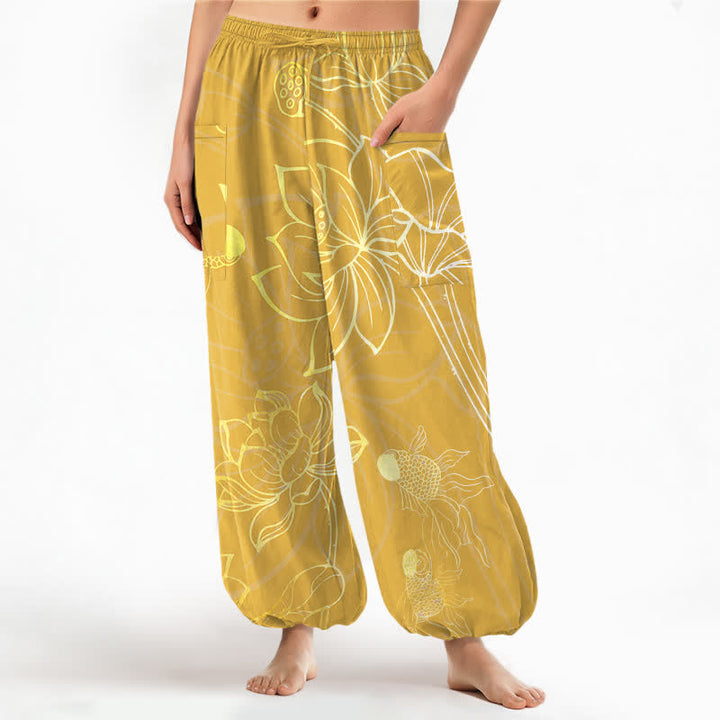 Buddha Stones Pantaloni harem da donna in cotone con elastico in vita e motivo a loto dorato e carpe koi, con tasche laterali. - Oro - US16, UK/AU20, EU48 (3XL) - image 10