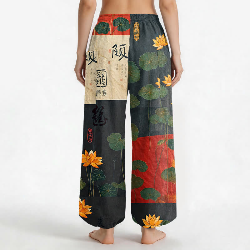Buddha Stones Pantaloni harem da donna in cotone con motivo patchwork di foglie di loto orientali e vita elasticizzata, con tasche laterali. - image 2