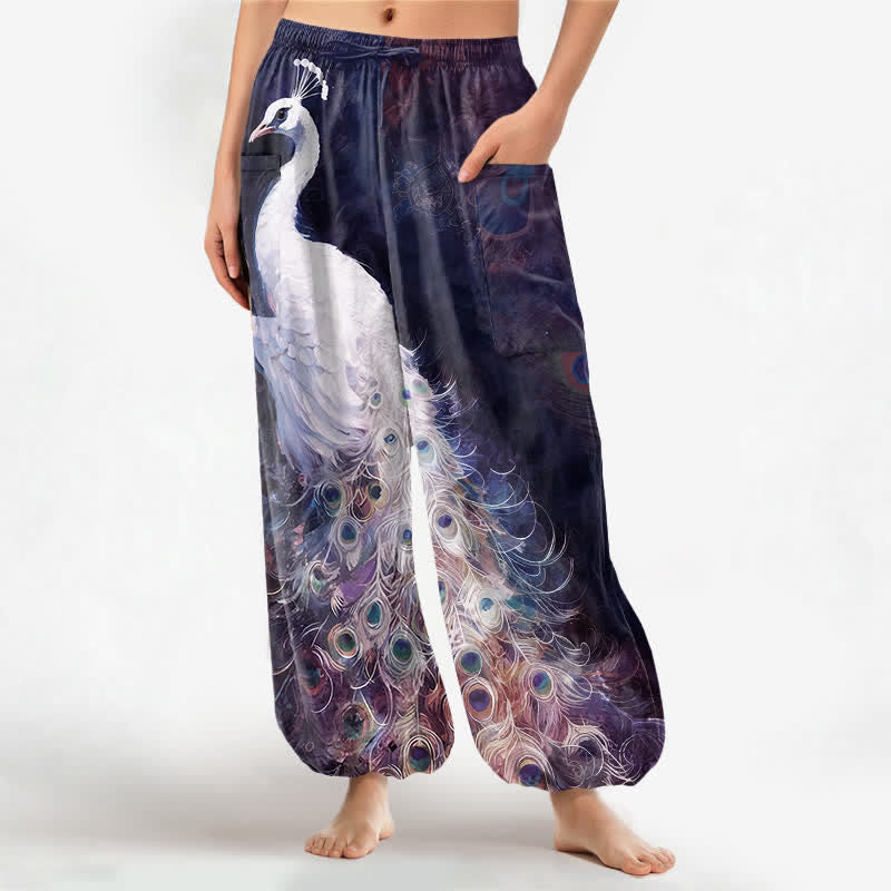 Buddha Stones Pantaloni harem da donna in cotone bianco con motivo a piume di pavone e vita elasticizzata, con tasche laterali. - Indaco - US16, UK/AU20, EU48 (3XL) - image 7