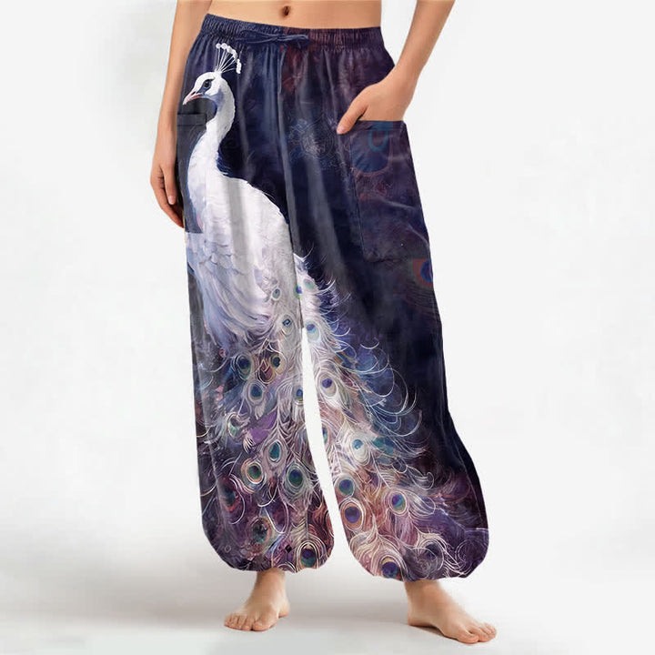 Buddha Stones Pantaloni harem da donna in cotone bianco con motivo a piume di pavone e vita elasticizzata, con tasche laterali. - Indaco - US16, UK/AU20, EU48 (3XL) - image 7