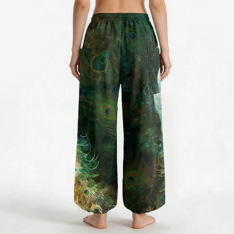 Buddha Stones Pantaloni harem da donna in cotone bianco con motivo a piume di pavone e vita elasticizzata, con tasche laterali. - image 12