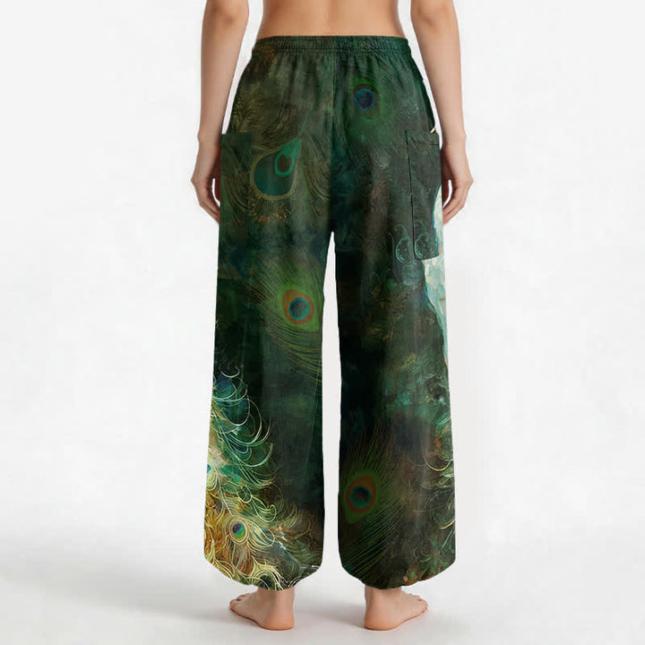 Buddha Stones Pantaloni harem da donna in cotone bianco con motivo a piume di pavone e vita elasticizzata, con tasche laterali. - image 12