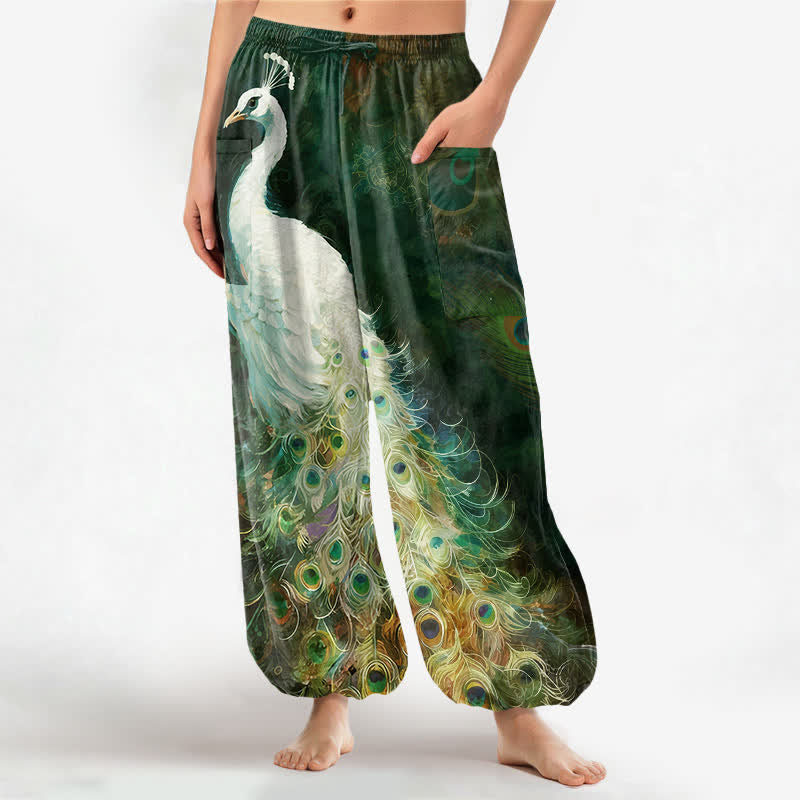 Buddha Stones Pantaloni harem da donna in cotone bianco con motivo a piume di pavone e vita elasticizzata, con tasche laterali. - Verde scuro - US16, UK/AU20, EU48 (3XL) - image 10