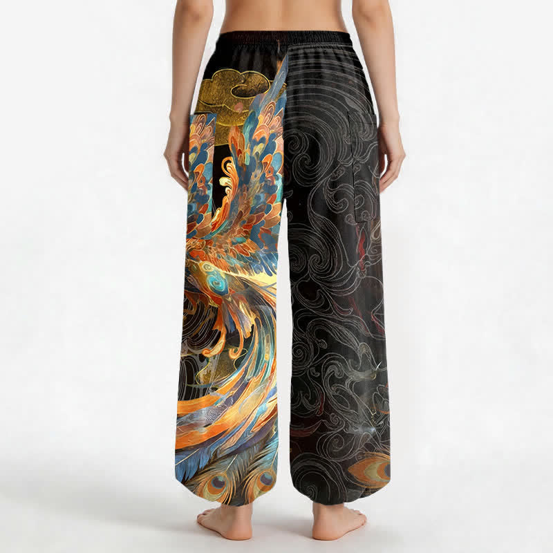 Buddha Stones Pantaloni harem da donna in cotone stile bohémien con motivo a piume di fenice volante, vita elasticizzata e tasche laterali. - image 2