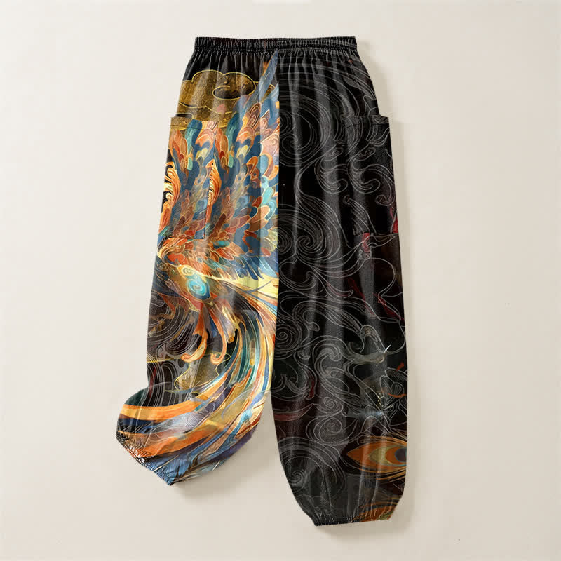 Buddha Stones Pantaloni harem da donna in cotone stile bohémien con motivo a piume di fenice volante, vita elasticizzata e tasche laterali. - image 4
