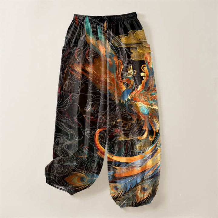 Buddha Stones Pantaloni harem da donna in cotone stile bohémien con motivo a piume di fenice volante, vita elasticizzata e tasche laterali. - image 3