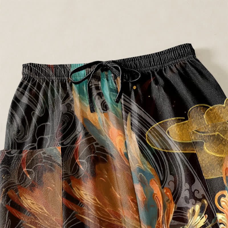 Buddha Stones Pantaloni harem da donna in cotone stile bohémien con motivo a piume di fenice volante, vita elasticizzata e tasche laterali. - image 5