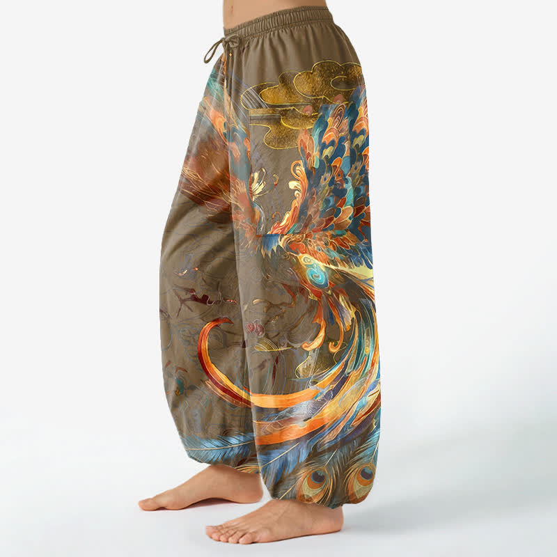 Buddha Stones Pantaloni harem da donna in cotone stile bohémien con motivo a piume di fenice volante, vita elasticizzata e tasche laterali. - image 8