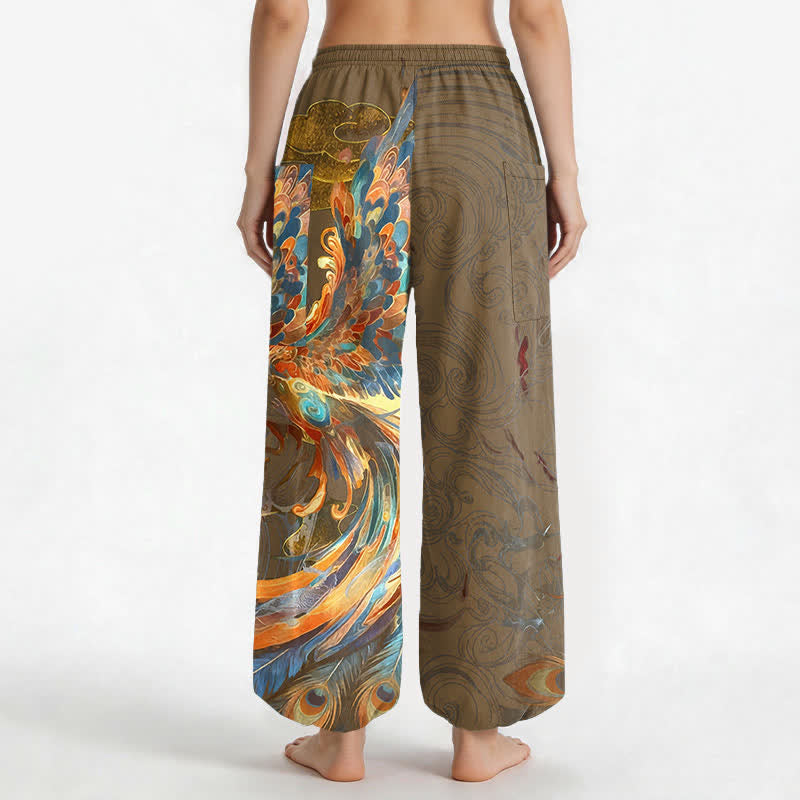 Buddha Stones Pantaloni harem da donna in cotone stile bohémien con motivo a piume di fenice volante, vita elasticizzata e tasche laterali. - image 9
