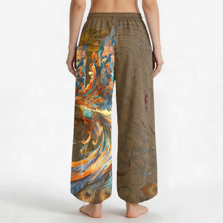 Buddha Stones Pantaloni harem da donna in cotone stile bohémien con motivo a piume di fenice volante, vita elasticizzata e tasche laterali. - image 9