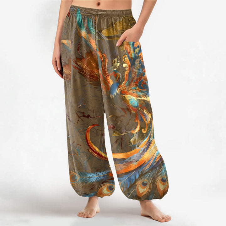 Buddha Stones Pantaloni harem da donna in cotone stile bohémien con motivo a piume di fenice volante, vita elasticizzata e tasche laterali. - Perù - US16, UK/AU20, EU48 (3XL) - image 7
