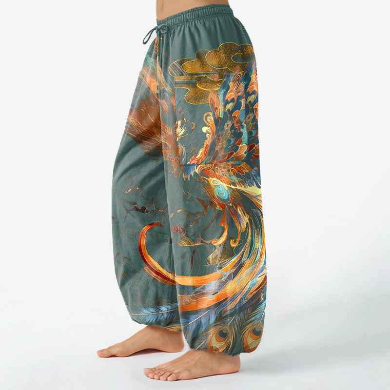Buddha Stones Pantaloni harem da donna in cotone stile bohémien con motivo a piume di fenice volante, vita elasticizzata e tasche laterali. - image 11