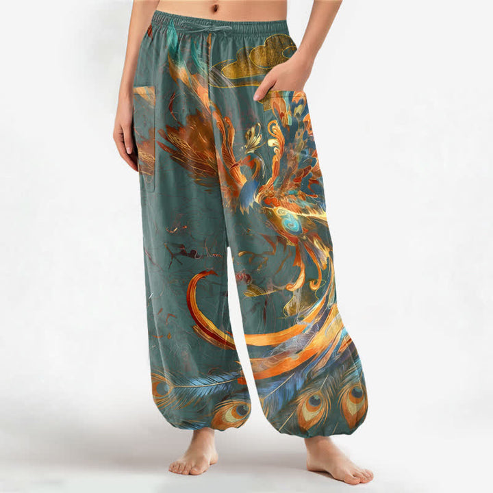 Buddha Stones Pantaloni harem da donna in cotone stile bohémien con motivo a piume di fenice volante, vita elasticizzata e tasche laterali. - Cadetto Blu - US16, UK/AU20, EU48 (3XL) - image 10