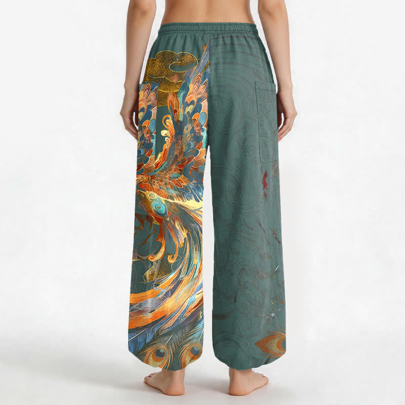 Buddha Stones Pantaloni harem da donna in cotone stile bohémien con motivo a piume di fenice volante, vita elasticizzata e tasche laterali. - image 12