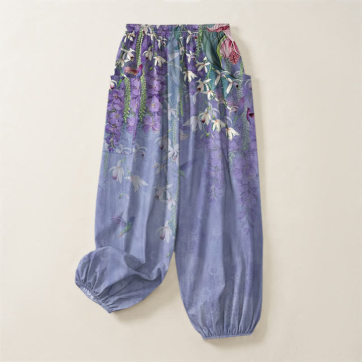 Buddha Stones Pantaloni harem da donna in cotone stile vintage con motivo floreale di uccellini e glicine, vita elasticizzata e tasche laterali. - image 4