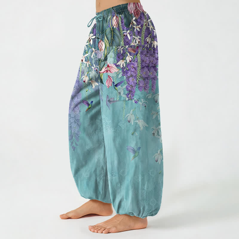 Buddha Stones Pantaloni harem da donna in cotone stile vintage con motivo floreale di uccellini e glicine, vita elasticizzata e tasche laterali. - image 8