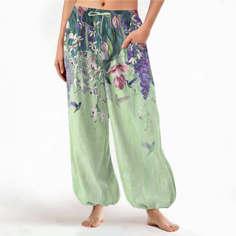Buddha Stones Pantaloni harem da donna in cotone stile vintage con motivo floreale di uccellini e glicine, vita elasticizzata e tasche laterali. - Verde pallido - US16, UK/AU20, EU48 (3XL) - image 10