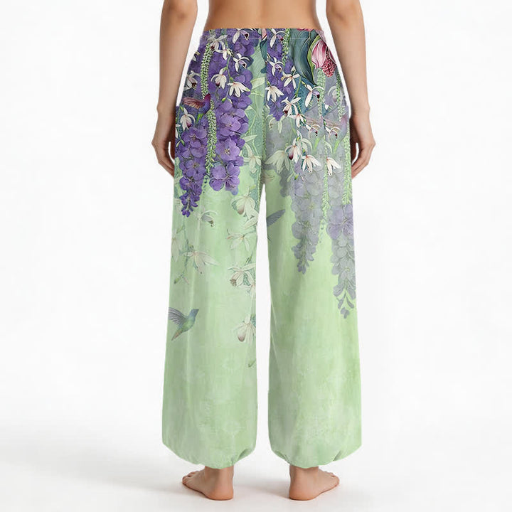 Buddha Stones Pantaloni harem da donna in cotone stile vintage con motivo floreale di uccellini e glicine, vita elasticizzata e tasche laterali. - image 12