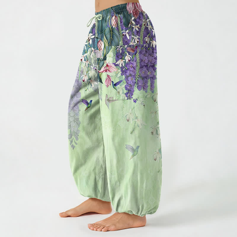 Buddha Stones Pantaloni harem da donna in cotone stile vintage con motivo floreale di uccellini e glicine, vita elasticizzata e tasche laterali. - image 11