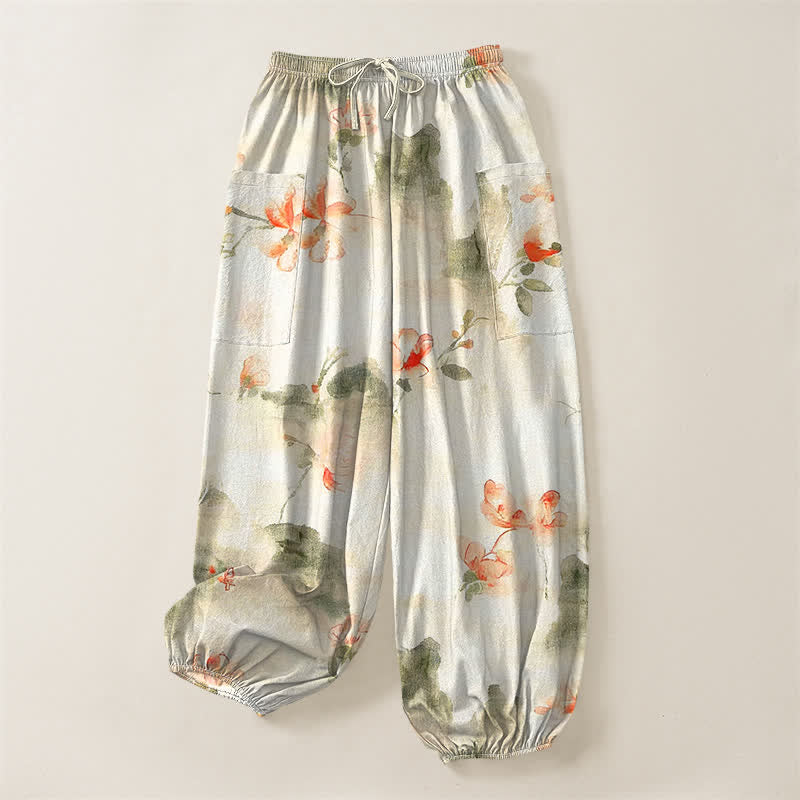 Buddha Stones Pantaloni harem da donna in cotone con elastico in vita e motivo floreale ad acquerello con farfalle, dotati di tasche laterali. - image 3