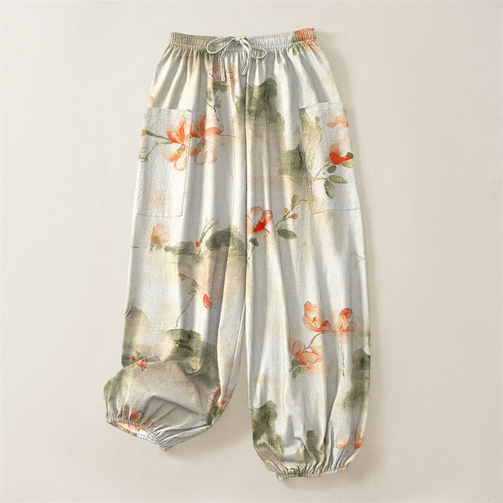 Buddha Stones Pantaloni harem da donna in cotone con elastico in vita e motivo floreale ad acquerello con farfalle, dotati di tasche laterali. - image 3