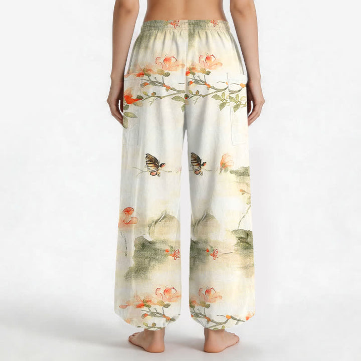Buddha Stones Pantaloni harem da donna in cotone con elastico in vita e motivo floreale ad acquerello con farfalle, dotati di tasche laterali. - image 2