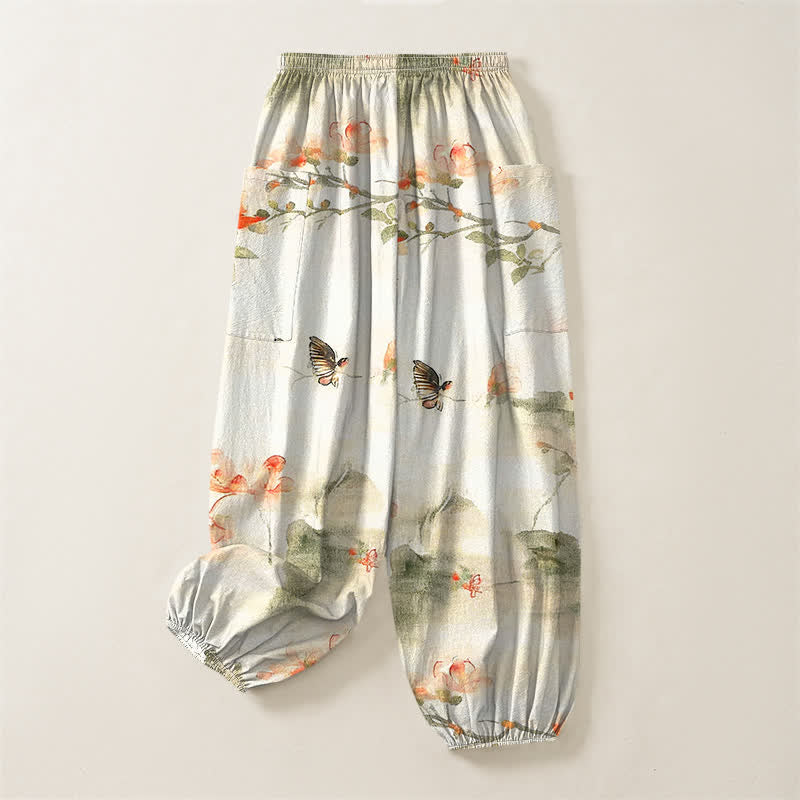 Buddha Stones Pantaloni harem da donna in cotone con elastico in vita e motivo floreale ad acquerello con farfalle, dotati di tasche laterali. - image 4