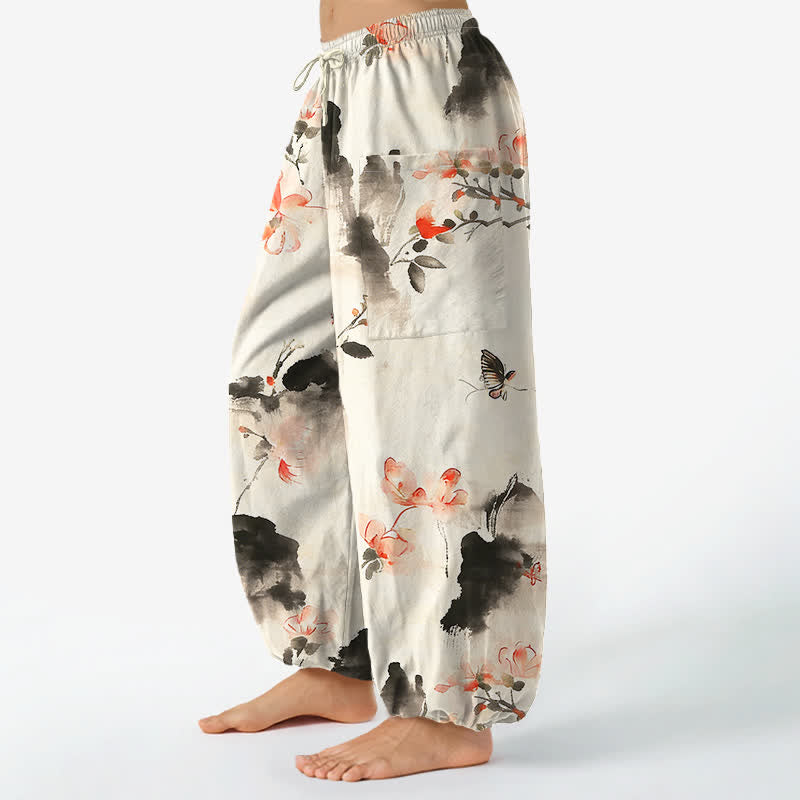 Buddha Stones Pantaloni harem da donna in cotone con elastico in vita e motivo floreale ad acquerello con farfalle, dotati di tasche laterali. - image 8